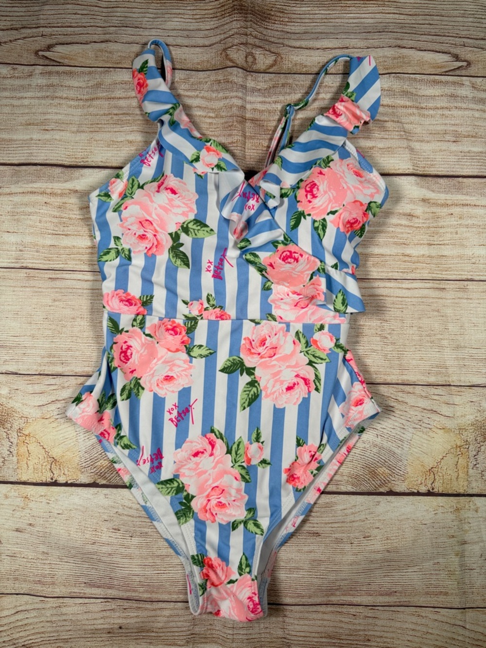 Betsey Johnson Blue & Pink Floral Ruffle One-Piece Swimsuit